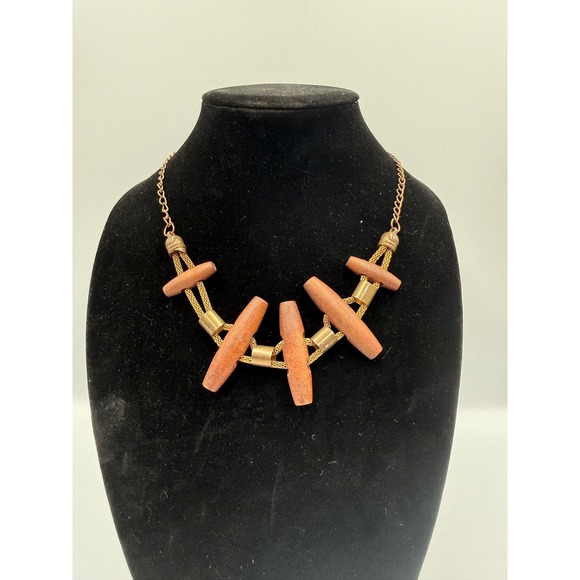 Jewelry - Boho Wooden Toggle Statement Necklace Gold Tone Mesh Chain Brown Brass Accents